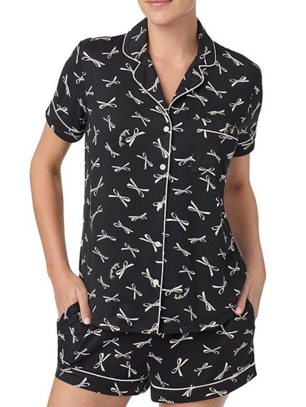Kate Spade Black Short-Sleeve Bow-Print Pajama Set